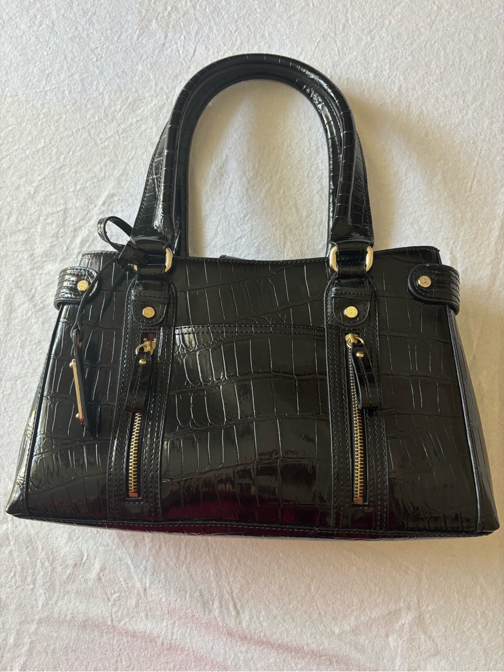 Liz Claiborne Black Croc-Embossed Satchel with Gold Hardware